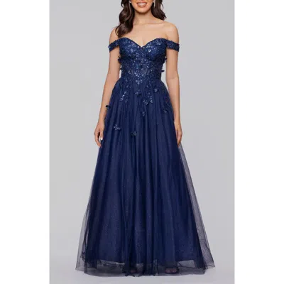Blondie Nites Off The Shoulder Sequin 3d Embellished Tulle Gown In Blue