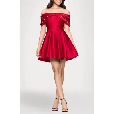 Blondie Nites Rhinestone Bow Off The Shoulder Minidress In Red