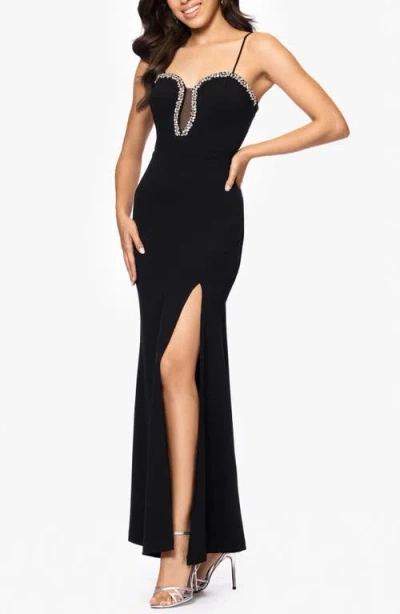 Blondie Nites Rhinestone Sweetheart Neck Scuba Gown In Black