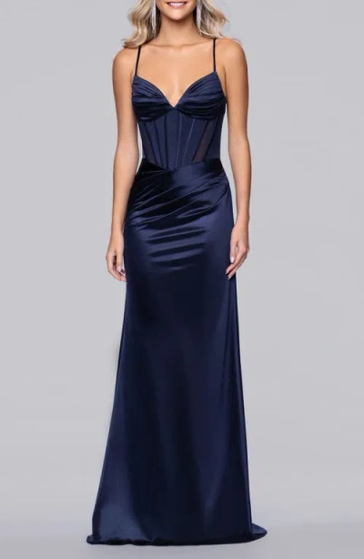 Blondie Nites Satin Column Gown In Blue