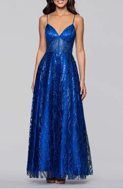 Blondie Nites Sequin Corset Bodice Gown In Blue