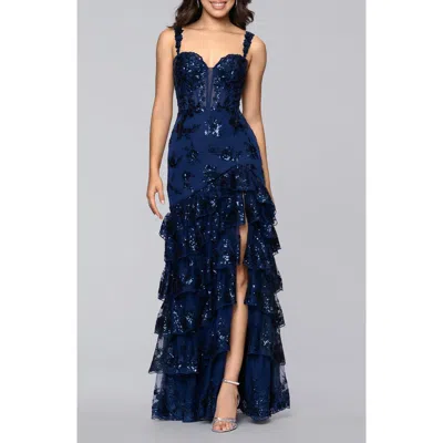 Blondie Nites Sequin Embroidered Tiered Tulle Gown In Blue