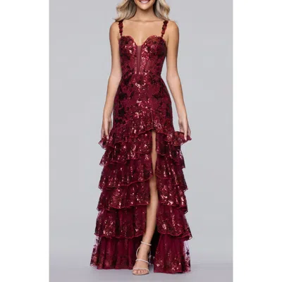 Blondie Nites Sequin Embroidered Tiered Tulle Gown In Burgundy