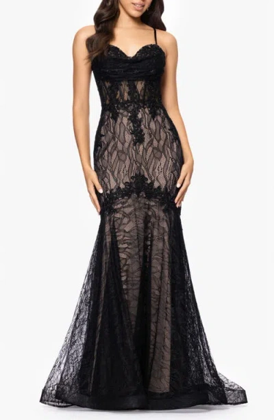 Blondie Nites Sequin Embroidered Trumpet Gown In Black/nude