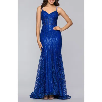 Blondie Nites Sequin Illusion Bodice Mermaid Gown In Blue