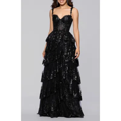 Blondie Nites Sequin Layered Ruffle Ballgown In Black