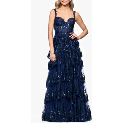 Blondie Nites Sequin Layered Ruffle Ballgown In Navy