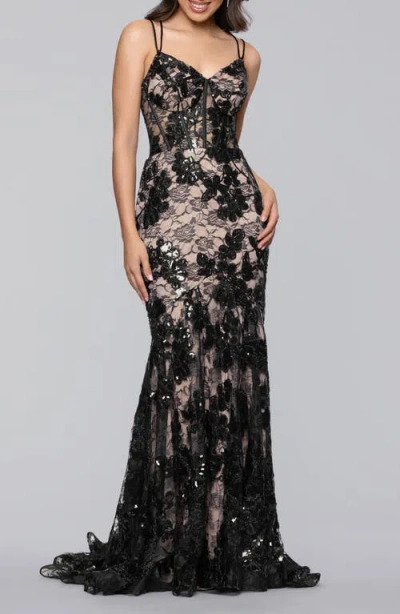 Blondie Nites Sequin Strappy Lace Trumpet Gown In Black
