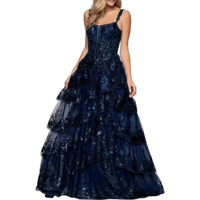 Blondie Nites Sequin Tiered Ruffle Ballgown In Blue