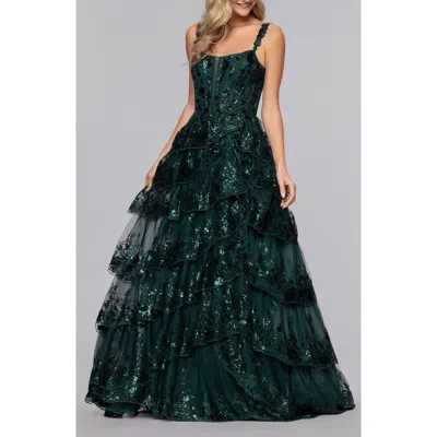 Blondie Nites Sequin Tiered Ruffle Ballgown In Green