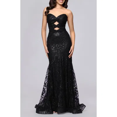 Blondie Nites Strapless Glitter Cutout Gown In Black