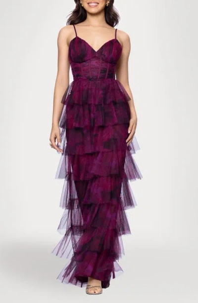 Blondie Nites Tiered Ruffle Column Dress In Purple
