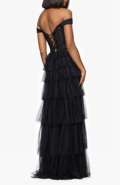 Blondie Nites Tiered Ruffle Off The Shoulder Corset Gown In Black