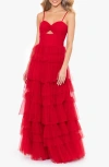 Blondie Nites Juniors' Tiered-mesh Cut-out Dress In Red