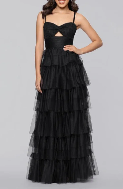 Blondie Nites Tiered Ruffle Tulle Gown In Black
