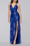 Blondie Nites V-neck Sequin Gown In Blue