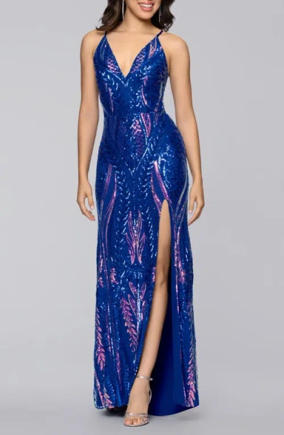 Blondie Nites V-neck Sequin Gown In Blue