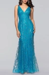 Blondie Nites V-neck Sequin Gown In Blue