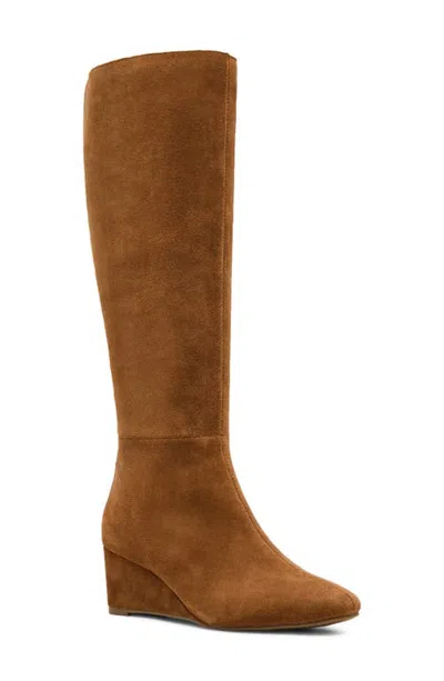 Blondo Bertha Waterproof Leather Knee High Wedge Boot In Camel Suede