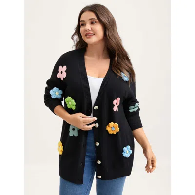 Bloomchic 3d Floral Jacquard Embroidery Knit Cardigan In Black