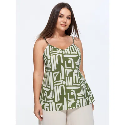 Bloomchic Abstract Geometric Print Metal Chain Strap Tank Top In Green