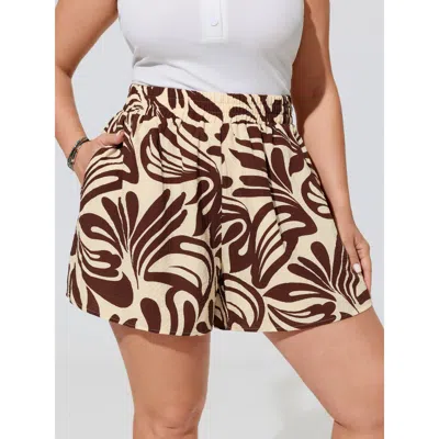 Bloomchic Abstract Print Elastic Waist Shorts In Browncoffeecolor