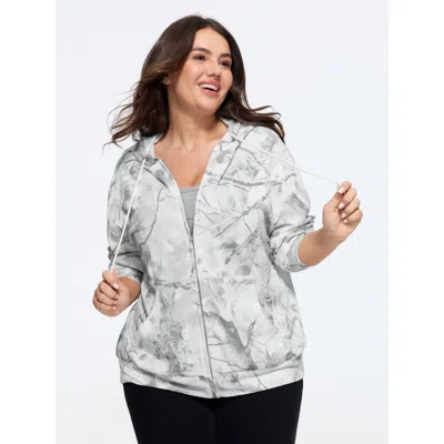 Bloomchic Abstract Print Full‑zip Drawstring Hoodie In White