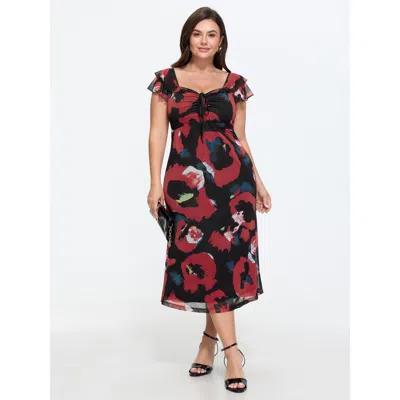 Bloomchic Abstract Print Mesh Ruffle Sleeves Midi Dress In Blackflower
