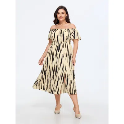 Bloomchic Abstract Print Off Shoulder Side Slit Midi Dress In Ivory