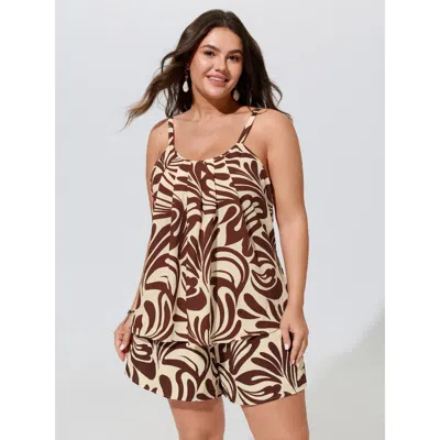 Bloomchic Abstract Print Pleated Tank Top In Browncoffeecolor