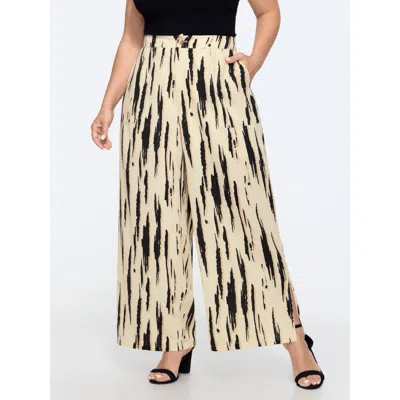 Bloomchic Abstract Print Side Slit Wide Leg Pants In Lightbrown
