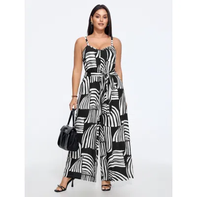 Bloomchic Abstract Print Side Tie Wide Leg Jumpsuit In Black