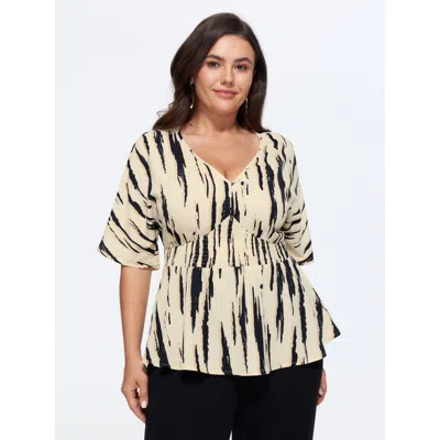Bloomchic Abstract Print V Neck Shirred Waist Peplum Blouse In Apricot
