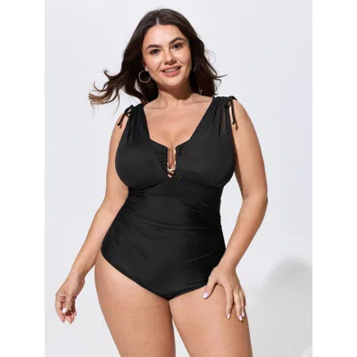 Bloomchic Adjustable Shoulder-tie Ruched One-piece Swim In Black