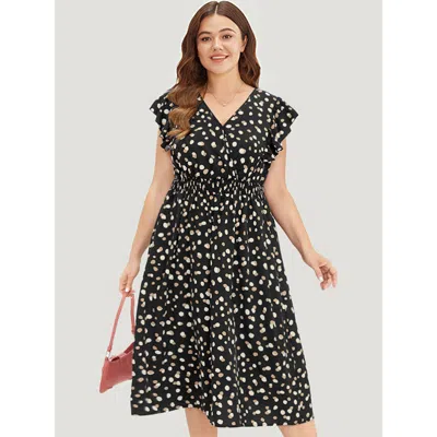 Bloomchic Allover Print Pocket Wrap Flutter Cap Sleeve Dress In Black