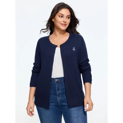 Bloomchic Anchor Embroidery Crew Neck Button Front Cardigan In Blue
