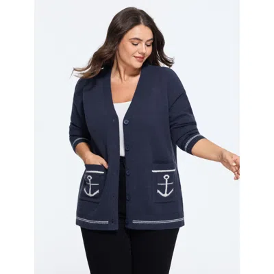 Bloomchic Anchor Jacquard V Neck Button Down Cardigan In Blue
