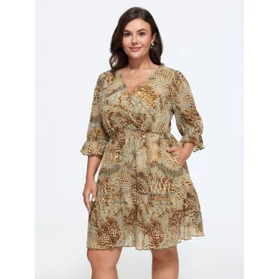 Bloomchic Animal Print Wrap Neck Tiered Mini Dress In Beige