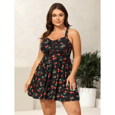 Bloomchic Anti-float Tie Cherry Print Swim Dress In Black