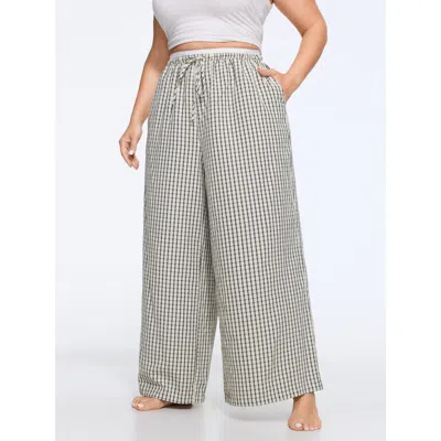 Bloomchic Anti-wrinkle Gingham Contrast Spliced Waist Lounge Bottoms In Gray