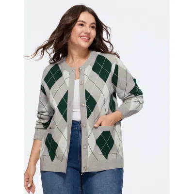 Bloomchic Argyle Round Neck Button‑front Cardigan In Gray