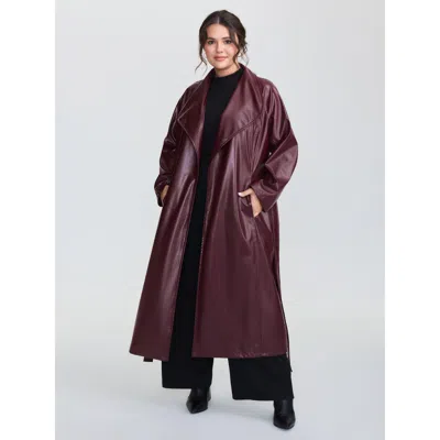 Bloomchic Artificial Leather Belted Waist Long Coat In Burgundy