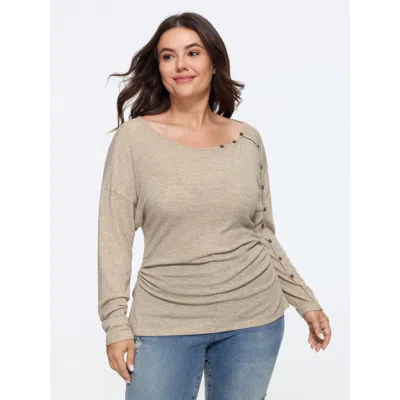 Bloomchic Asymmetric Neck Button Detail Long Sleeve T-shirt In Tan