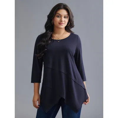 Bloomchic Asymmetrical Hem Overlap Long T-shirt In Blue