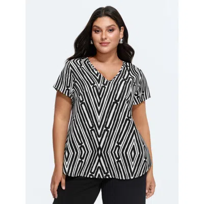 Bloomchic Asymmetrical Stripes Color Contrast Blouse In Gray
