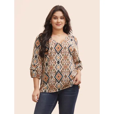 Bloomchic Bandana Geometric Pleated Lantern Sleeve Blouse In Brown
