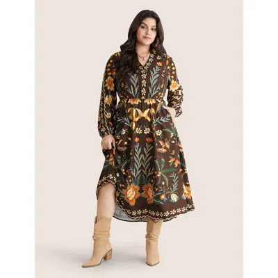Bloomchic Bandana Print Pocket Lapel Collar Elastic Cuffs Dress In Brown
