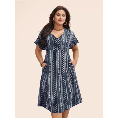 Bloomchic Bandana Print Pocket V Neck Ruffle Sleeve Dress In Blue