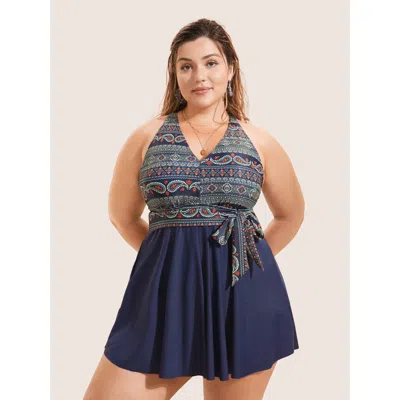 Bloomchic Bandana Print Ties Knotted Patchwork Swim Dress In Blue