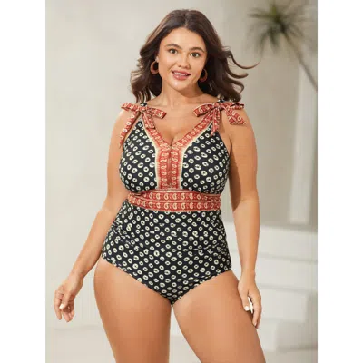 Bloomchic Bandana Print Two Tone Knotted One Piece Swimsuit In Black